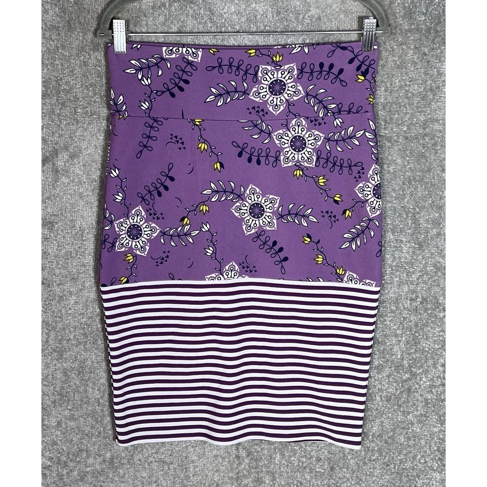 Lularoe Cassie Pencil Straight Skirt Womens Size M Purple Floral Stripe Stretch